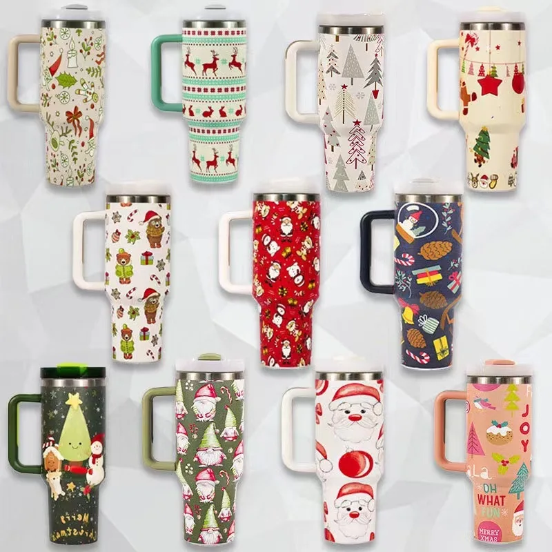 Christmas Custom 5D Santa Mug 40 oz Xmas Snowman Xmas Gifts Printed Insulated Travel Mugs with Handle Straw