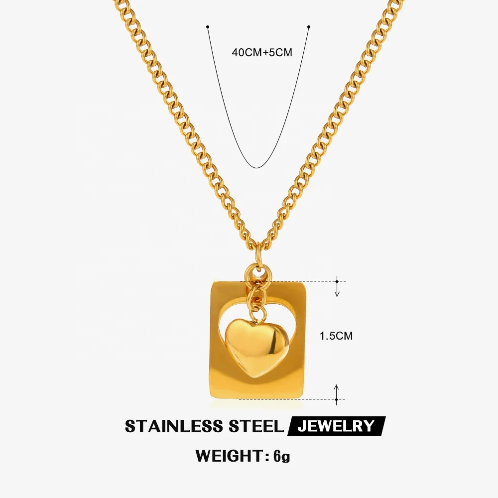 18k Gold Plated Heart Pendant Necklace For Women Gift Square Necklace Fashion Simple Fine Necklace Stainless Steel Jewelry