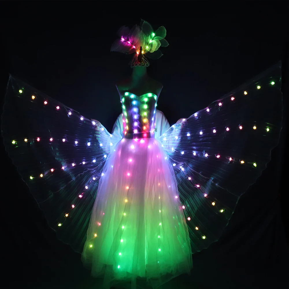 LED Glowing Wedding Dress & Wings for Women Performance Ballet Ballroom Dance Party Wear Luminous Light Clothing