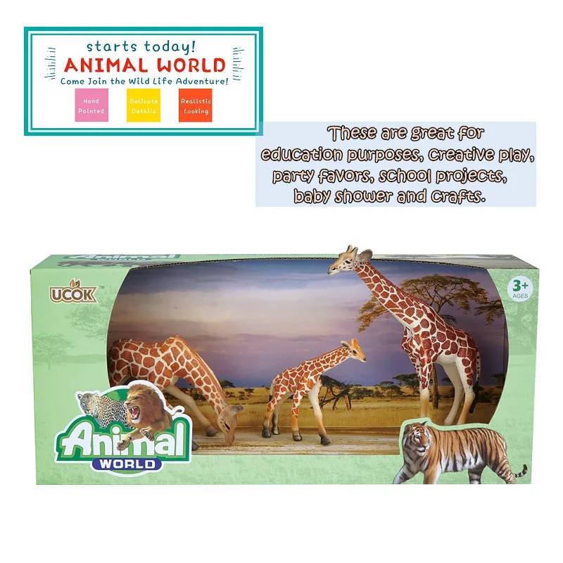 giraffe, Lion, Tiger, Elephant, 4-pieces Animal Figurines in Decorative Box as a Play Scene