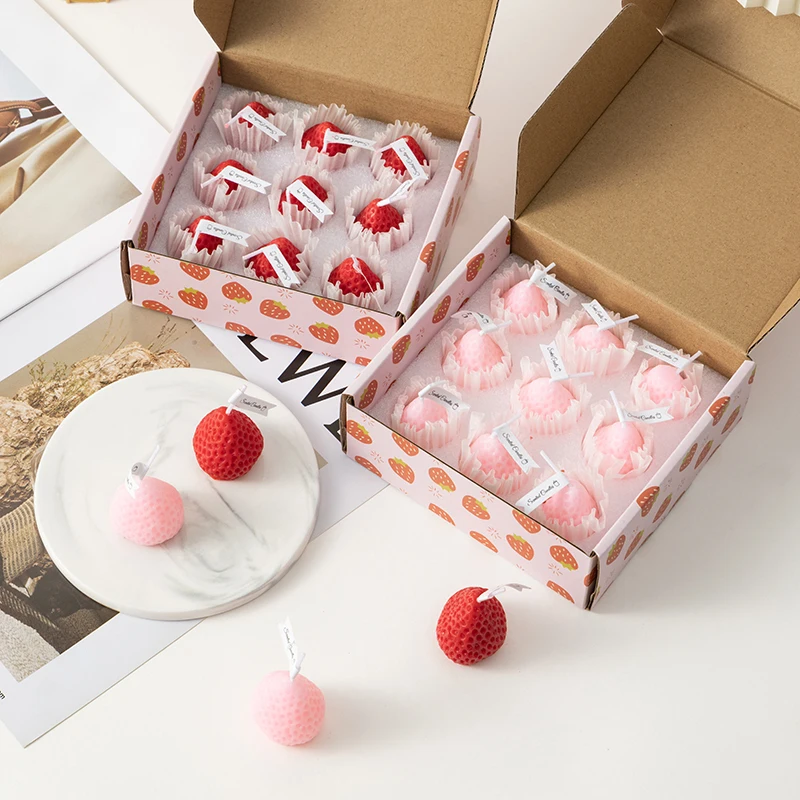 9 PACK Fruit Aroma Soy Wax Decorative Candle for Table Photo Prop Birthday Gift Strawberry Shaped Scented Candle