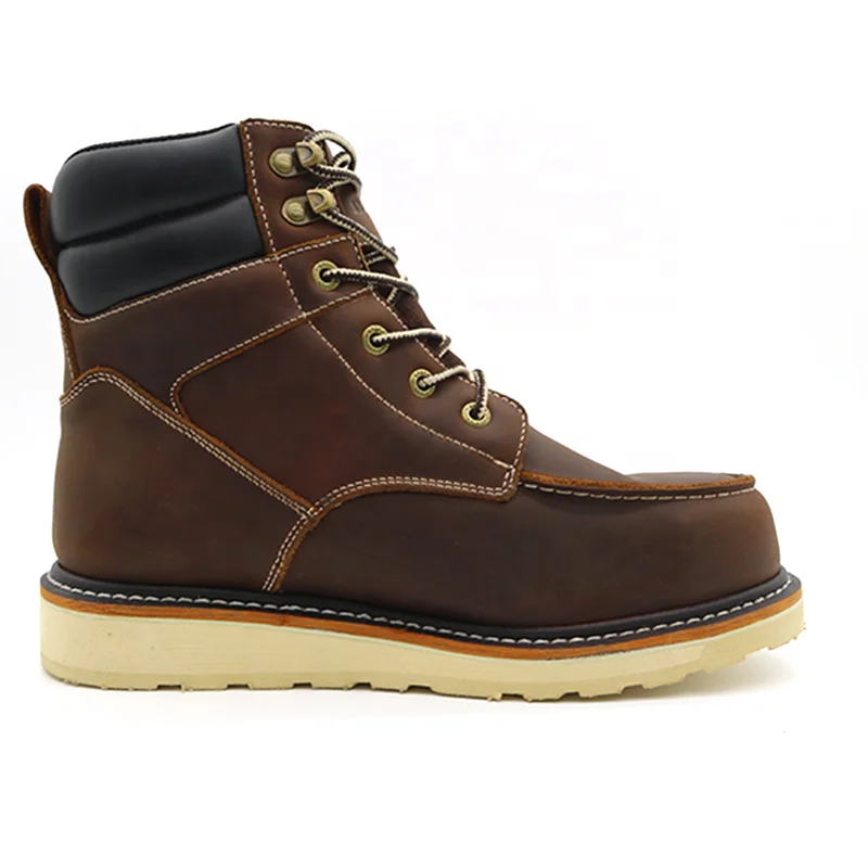 Brown Cow Genuine Leather Oil Acid Resistant Rubber Sole 6 Inch Steel Toe Goodyear Safety Shoes Waterproof