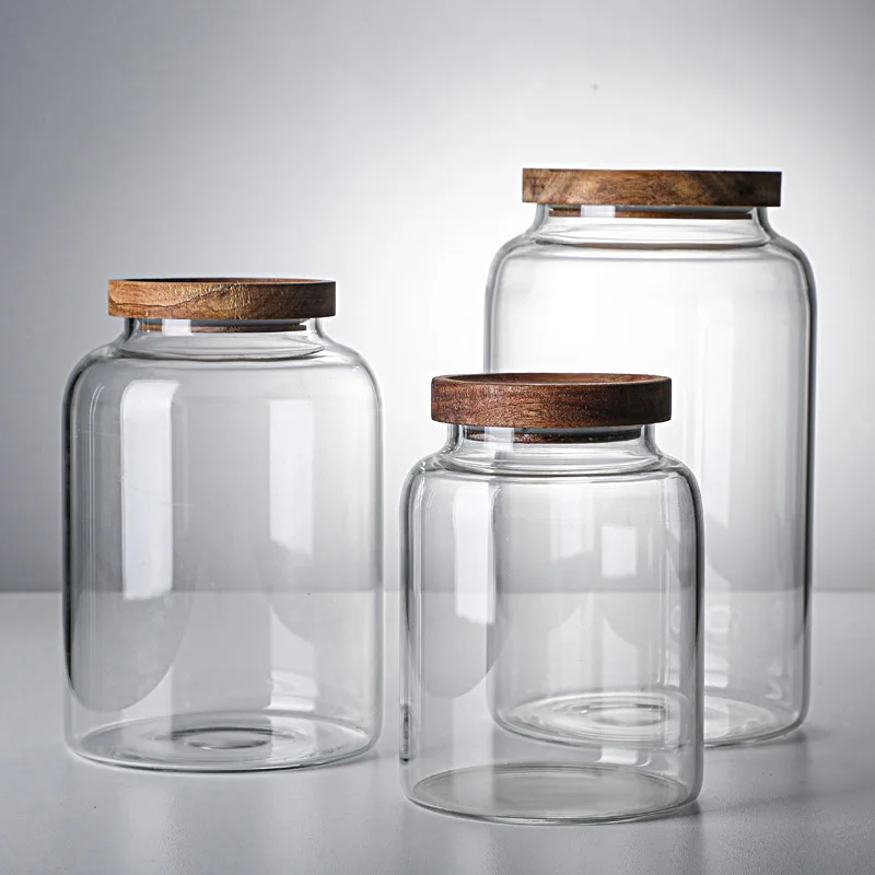 Wholesale High Capacity Custom Clear Glass Food Spice Candy Coffee Storage Jar Containers With Acacia Lid