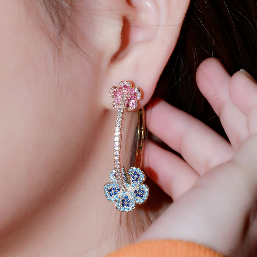 Beautiful Elegant Micro Pave Blue Red CZ Light Gold Plated Big Round Flower Shape Hoop Earrings for Women Jewelry Gift