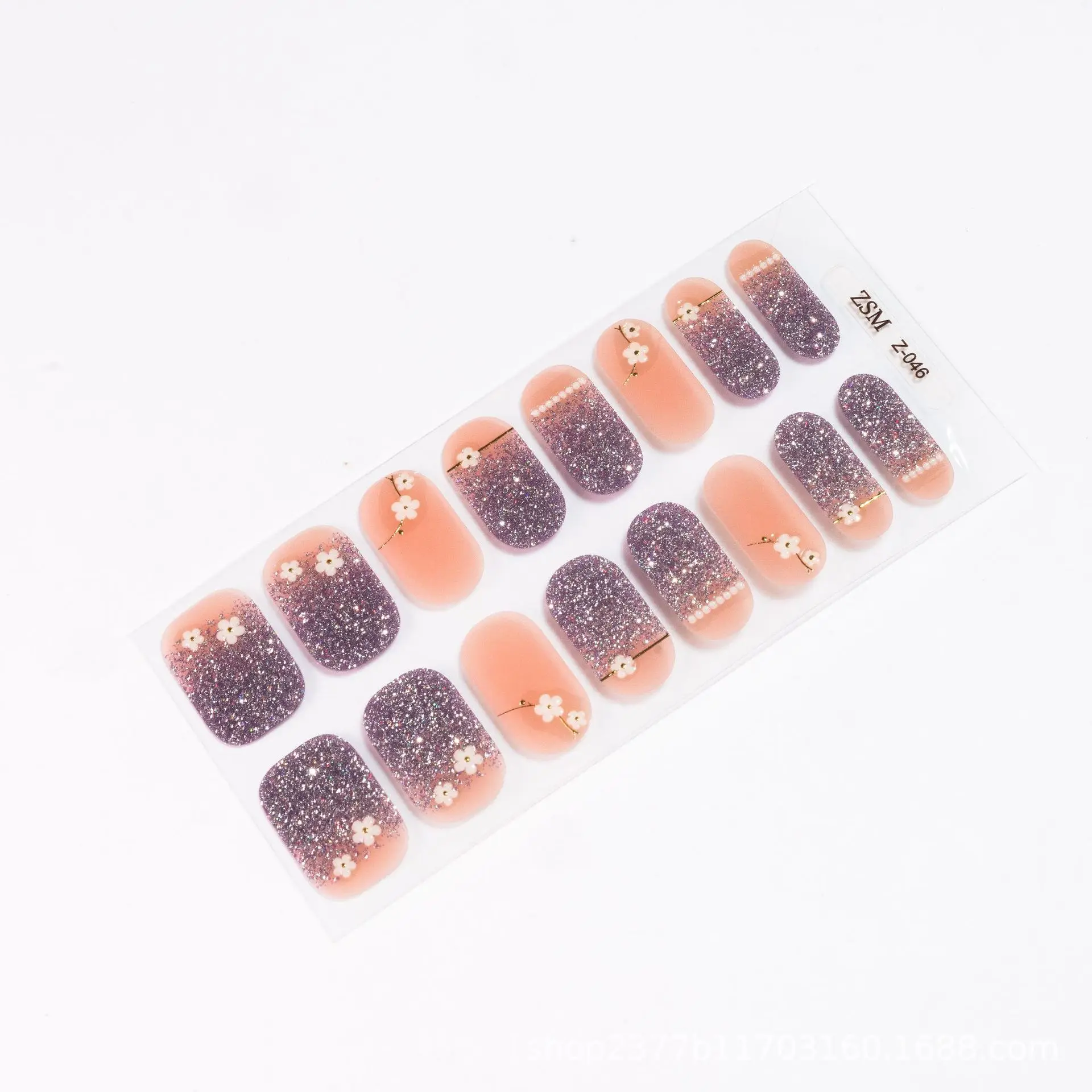 High Quality Full Cover Semi Cured Stickers For Nails Nude Color Romance with Purple Glitter Flower Nails Stickers