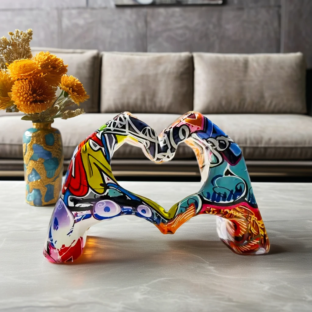 Modern Home Office Coffee Table Bedroom TV Cabinet Heart Gesture Decor Sculpture Colorful Heart Hands Statue Love Hand Sculpture