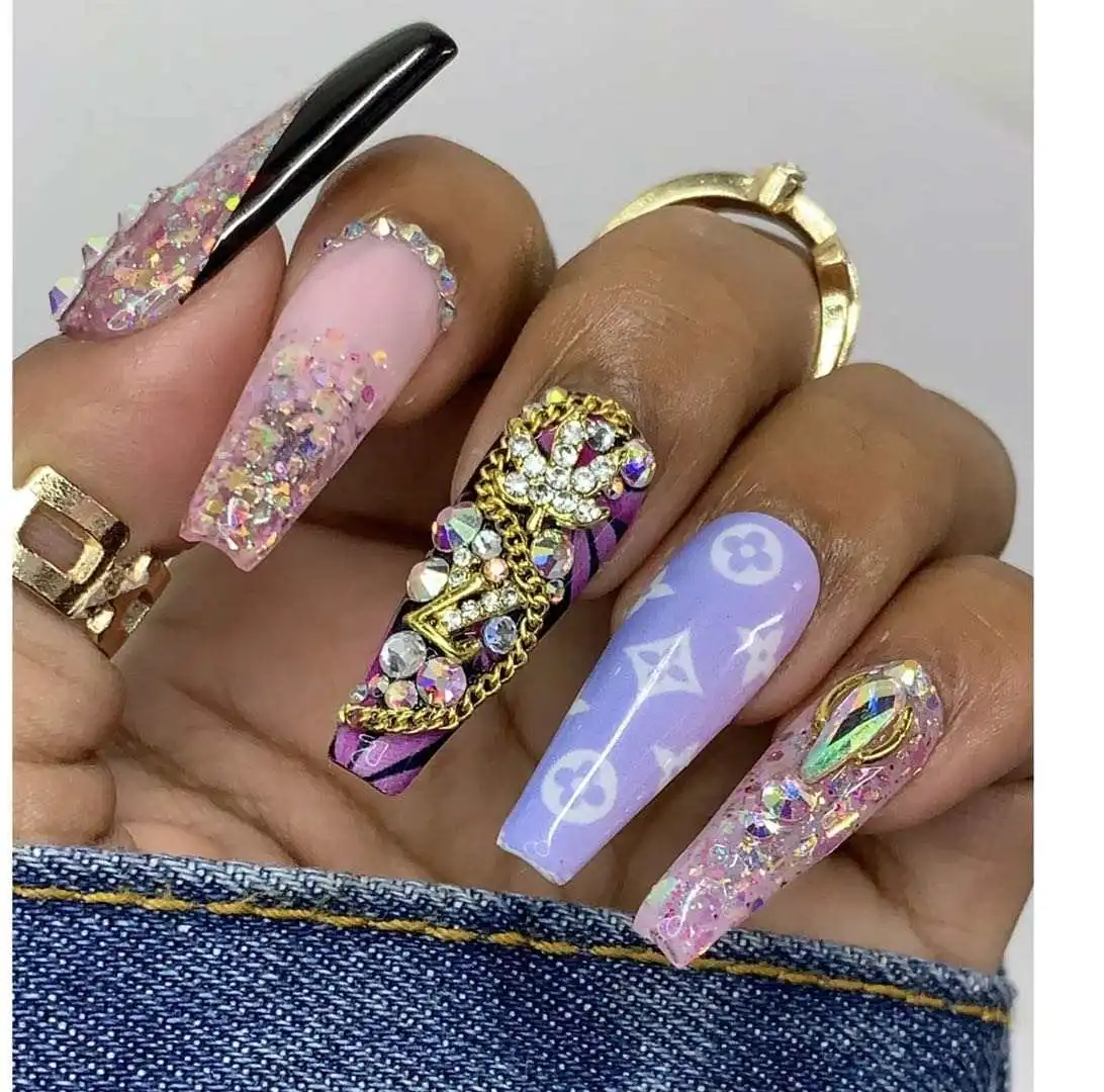 Custom Artificial Fingernails 3D Luxury Crystal Rhinestone Diamond Hand Made Press On nails Tips Faux Ongles