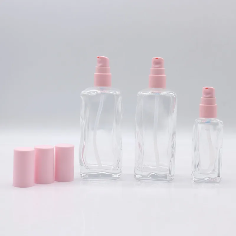 Matte Pink Lid 30ml 120ml 150ml Special Shape Square Glass Serum Pump Bottles 50 gram Skincare Cream Jars