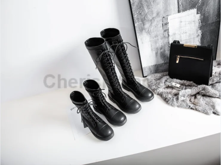 New arrival round toe platform low heel boots for cool gril shoes fashion new style flats heels winter shoes lace up ankle boots