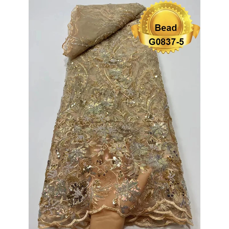 Guangzhou best quality lady dress machine beads 100% polyester french sequin lace fabric embroidery
