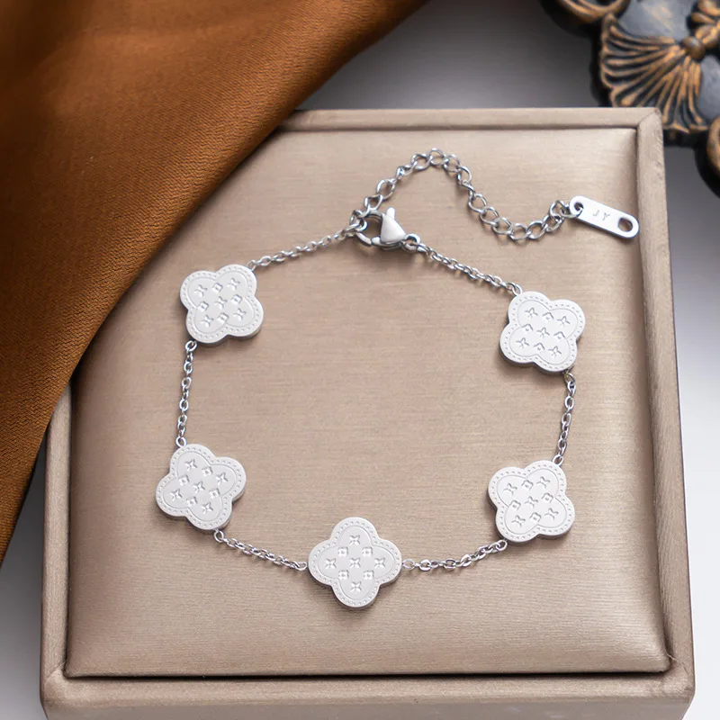 Hot Sale Luxury 18k Gold Plated Stainless Steel Jewelry Bracelet Lucky Ladies Four Leaf Clover Bracelet Necklace Earrings