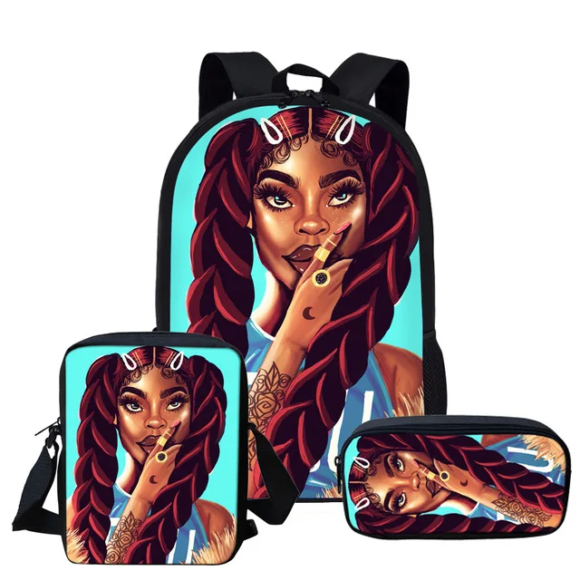 Black Art African American Girl Afro Girls Backpack 16 Inch Bookbag Pencil Case For Students Kids School Bags Set