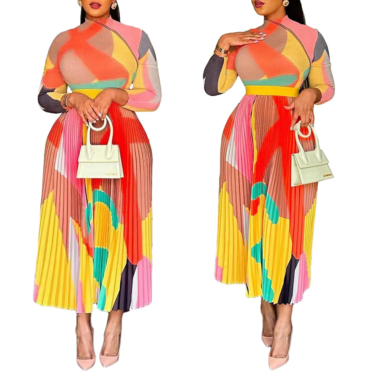 New Aliexpress Europe and the United States digital high-definition printed pleated dress spot sales