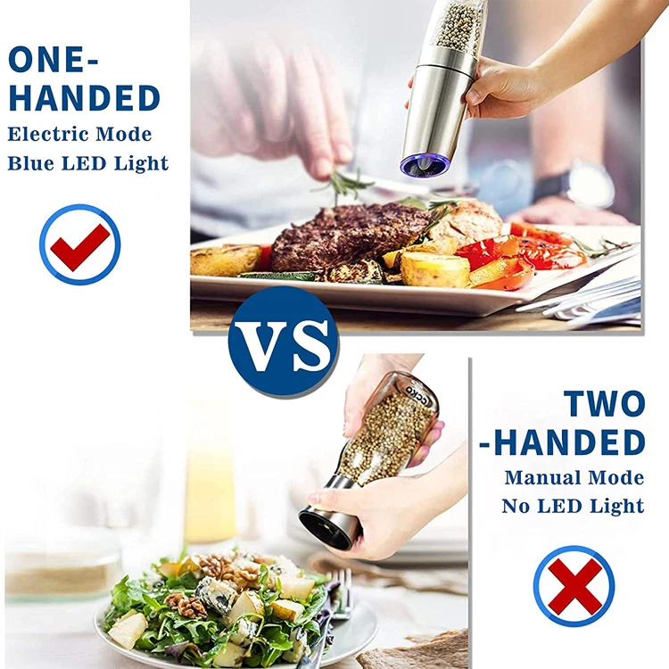 
Household Portable Kitchenware Automatic Pepper Or Salt Grinder With Blue Light Stainless Steel Transparent Visible grinder 