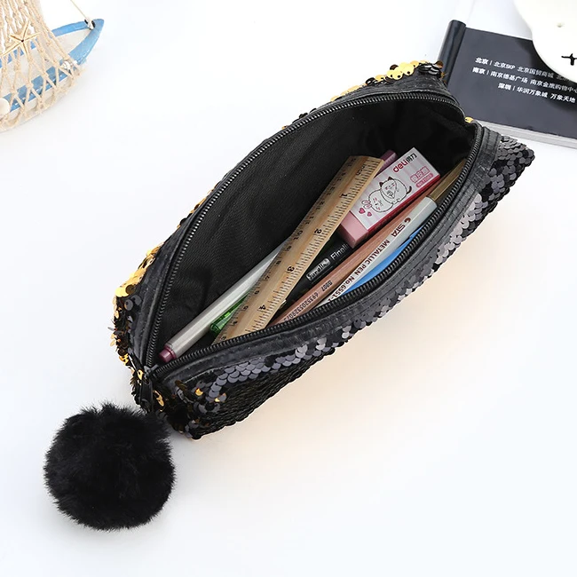 Glitter Cosmetic Bag Mermaid Spiral Reversible Sequin Students Pencil Case Girls Women Handbag Purse Make Up Pouch Pompon Zip