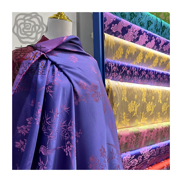 European Design Luxury purple Jacquard Polyester Upgrade Stretch Fabrics Polyester For Dress Cheongsam Silky Breathable Absorben