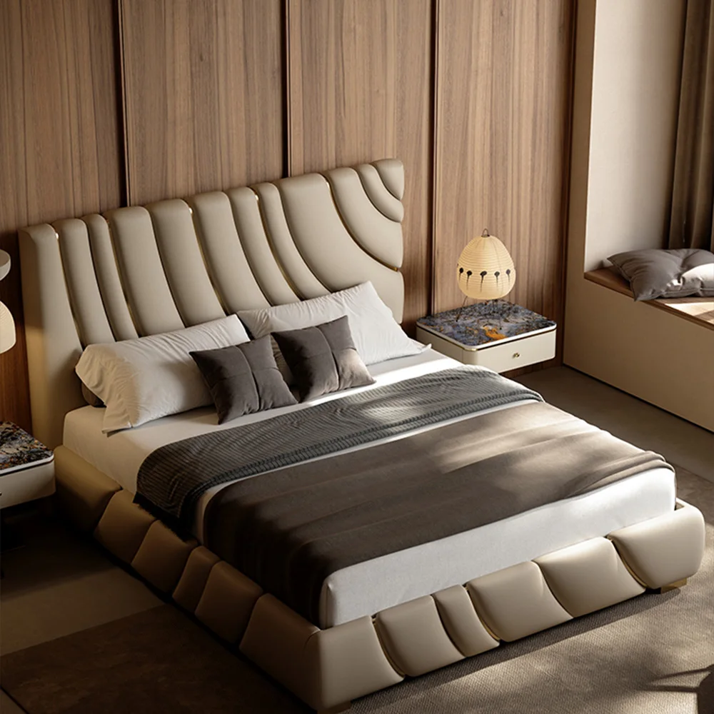 European Modern Design King Size Bed Luxury Beds Leather With Soft Back Headboard Solid Wood Frame Queen Size Double Bed