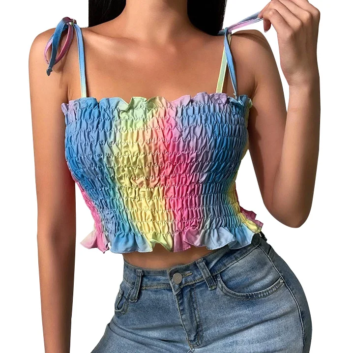 Woman crop top camis tie dye slim ruffle hem tank tops halter vest womens fashion spaghetti Cropped causal wear camisole