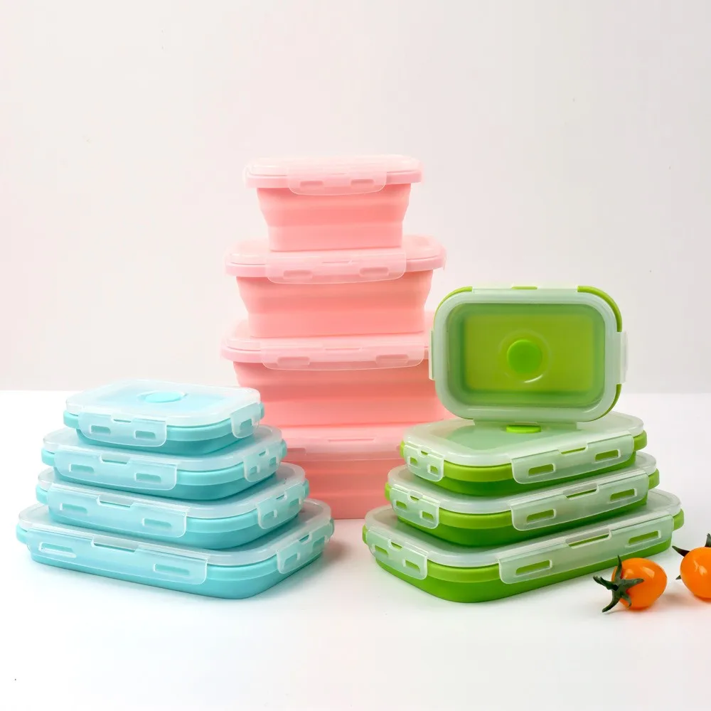 Silicone Food Storage Containers with BPA Free Airtight Plastic Lids - Set of 4 Small and Large Collapsible Meal Prep Container