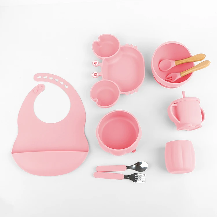 2024 Child Kids Tableware Snack Sippy Drinking Cup Placemat Bib Feeding Set Suction Silicone Baby Bowl Plate With Spoon Fork
