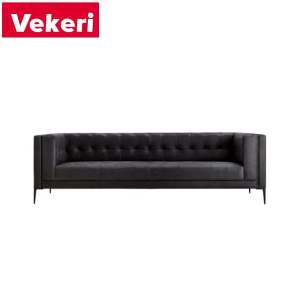 Modern simple style pure black color leather long legs metal base seats living room sofa for any scenario