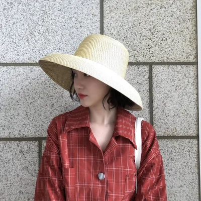 Fashion Elegant Ladies Spring Summer Beach Uv Sun Hat Handmade Hepburn Style Big Wide Brim Flat Straw Bucket Hats Sombrero Women