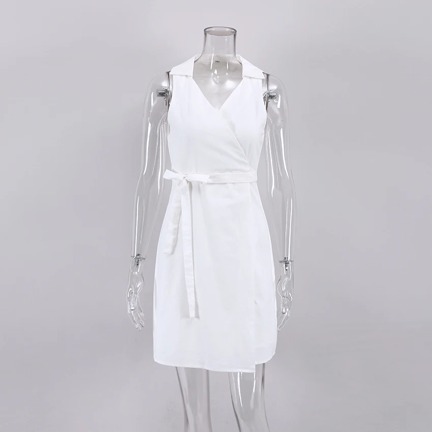 OOTN 2022 Fit Flare Mini Dress Ladies 100% Cotton V-Neck Wrap Lace Up Elegant Sleeveless Office Dress Women White Summer Dress