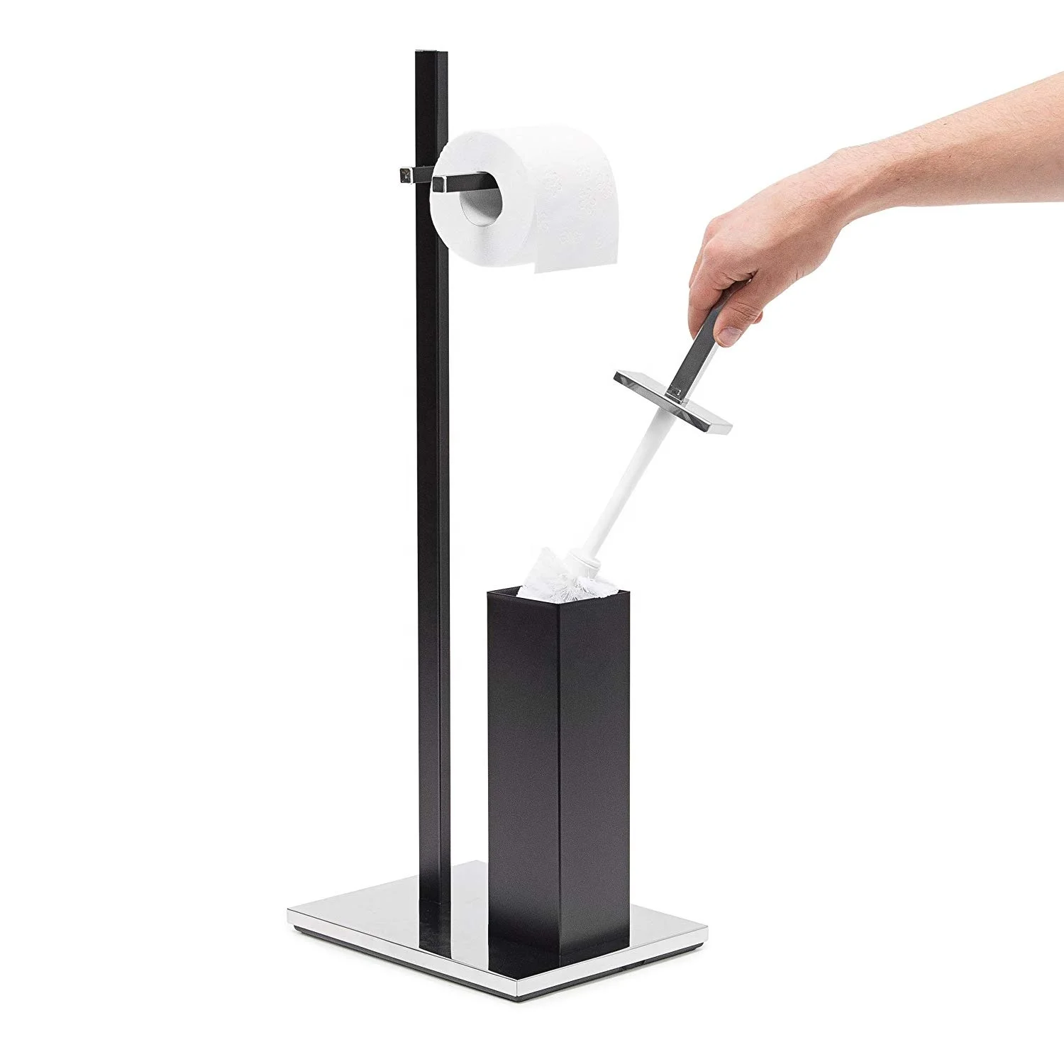 HANGSHAU Bathroom Iron Powder Coating Toilet Paper Holder Shelf With Toilet Brush Standing Toilet Paper Towel Holder