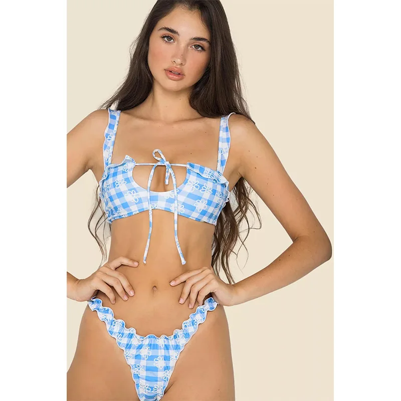 Women Two Piece Sexy Floral Print Bikini Set Swimsuit Girls Ruffle-strap Triangle Bathing Suit Swimwear