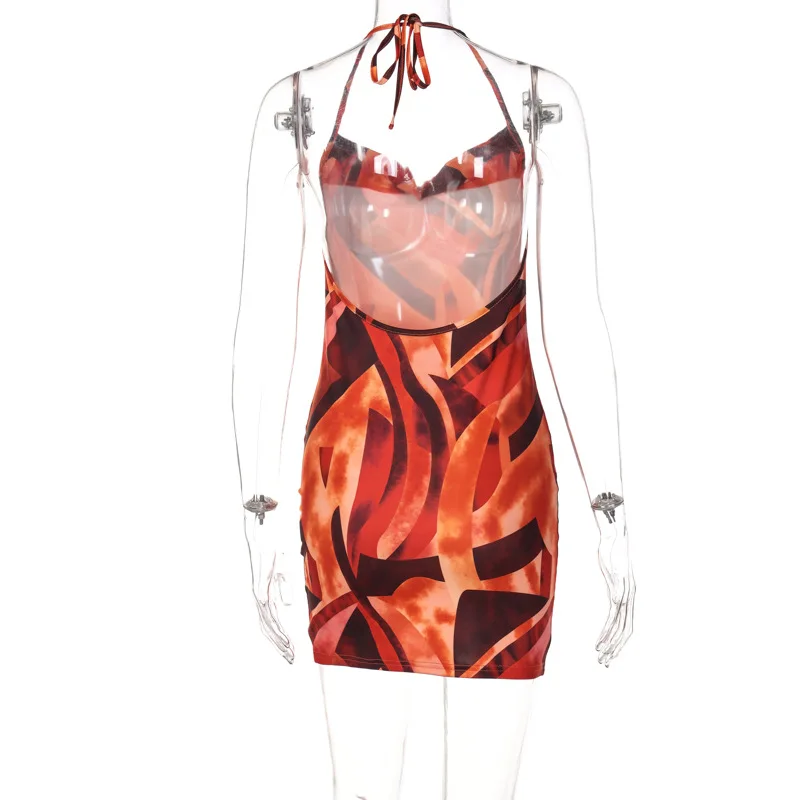 M02238 fashion printed halter backless sleeveless mini bodycon ladies dress