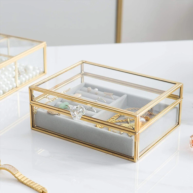 Clear Glass Jewelry Box with Removable Velvet Tray Vintage Metal Brass Jewellery Display Dust-Proof Organizer for Ring Necklace