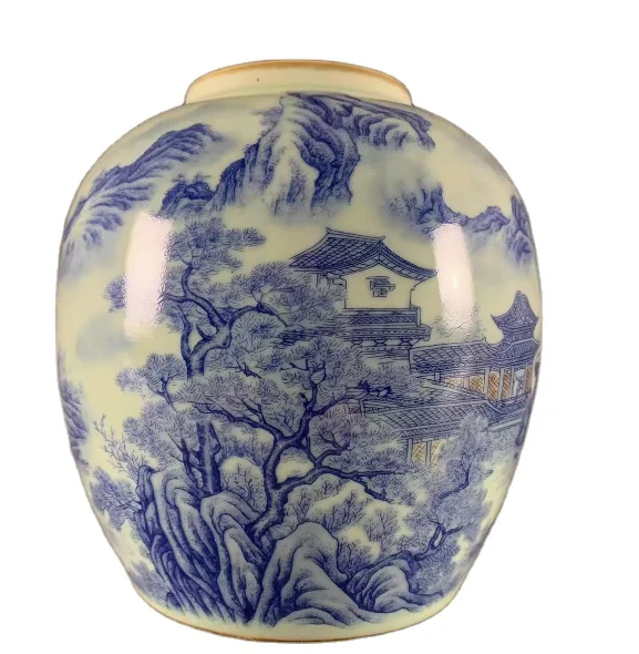 Blue and White Glazed Ceramic Jars Guangxu Era Tabletop Vase with Red Landscape Painting of Mountains and Rivers for Decoration