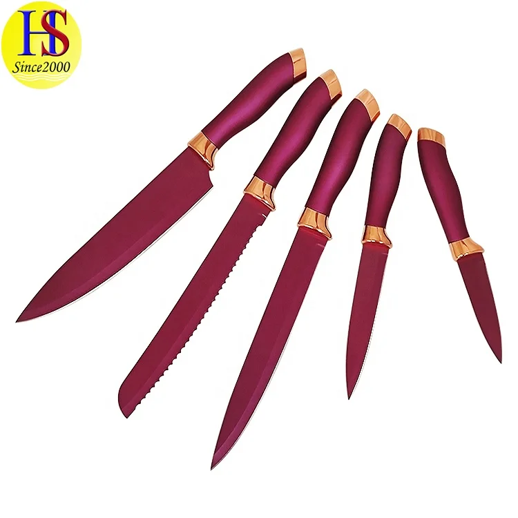 Набор кухонных ножей из нержавеющей стали с цветной ручкой и подставкой