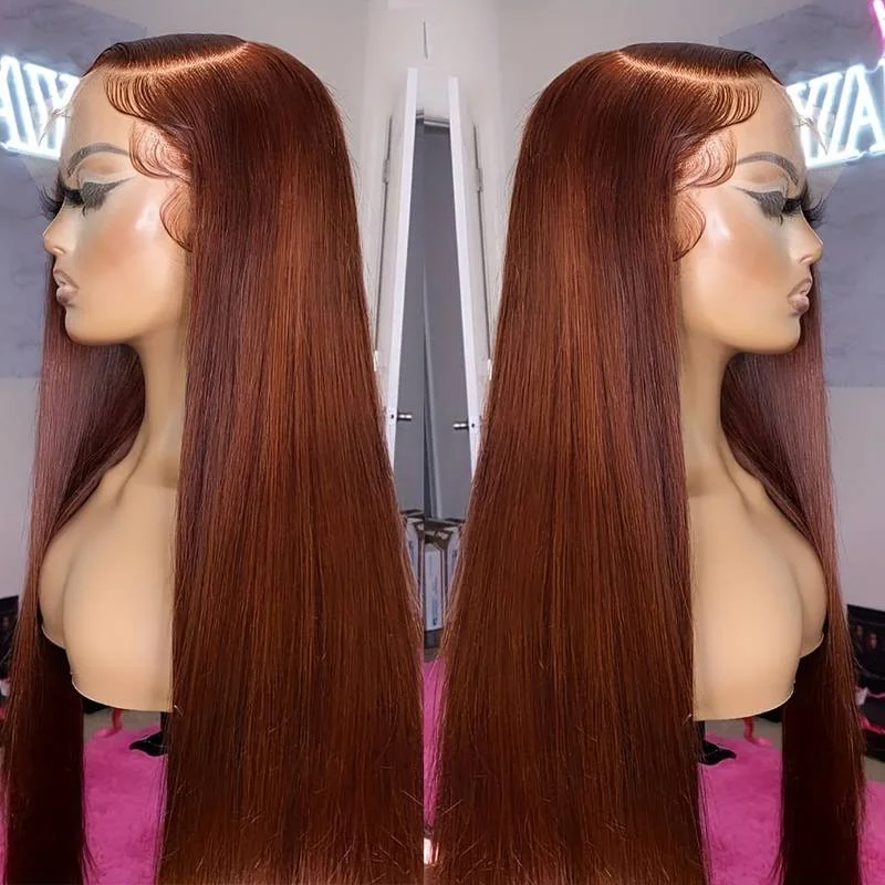33# Auburn Brown Red Color Straight Raw Indian Human Hair Wigs Vendors Swiss HD 13x4 Lace Frontal Wig