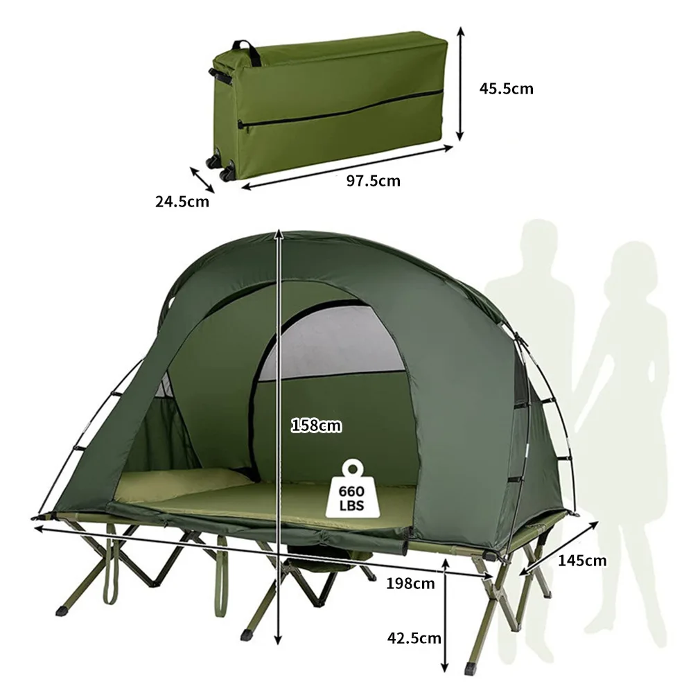 4-in-1 Folding Double Camp Bed Tent Off Ground Elevated 2 Person Camping Tent Cot Set for Outdoor Hiking Camping