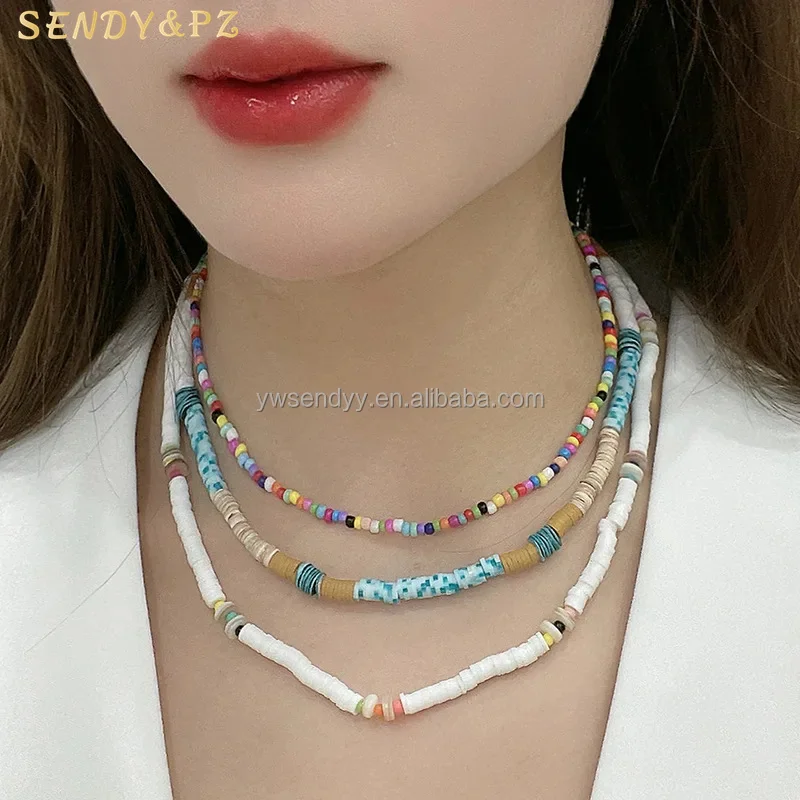 Summer Boho Women Multi-layer Colorful Beads Chain Necklace Polymer Clay Shell Necklaces Wholesale