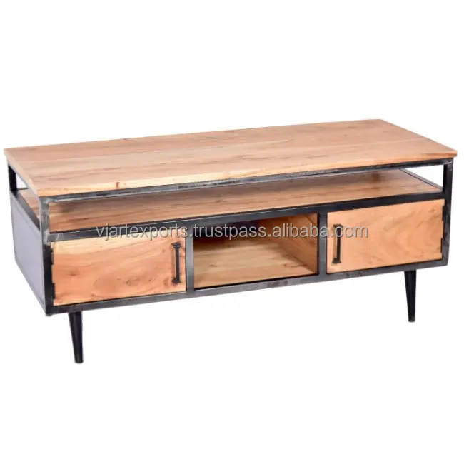 best quality guarantee direct factory product modern industrial iron metal mango wood TV cabinet 2 drawer TV stand
