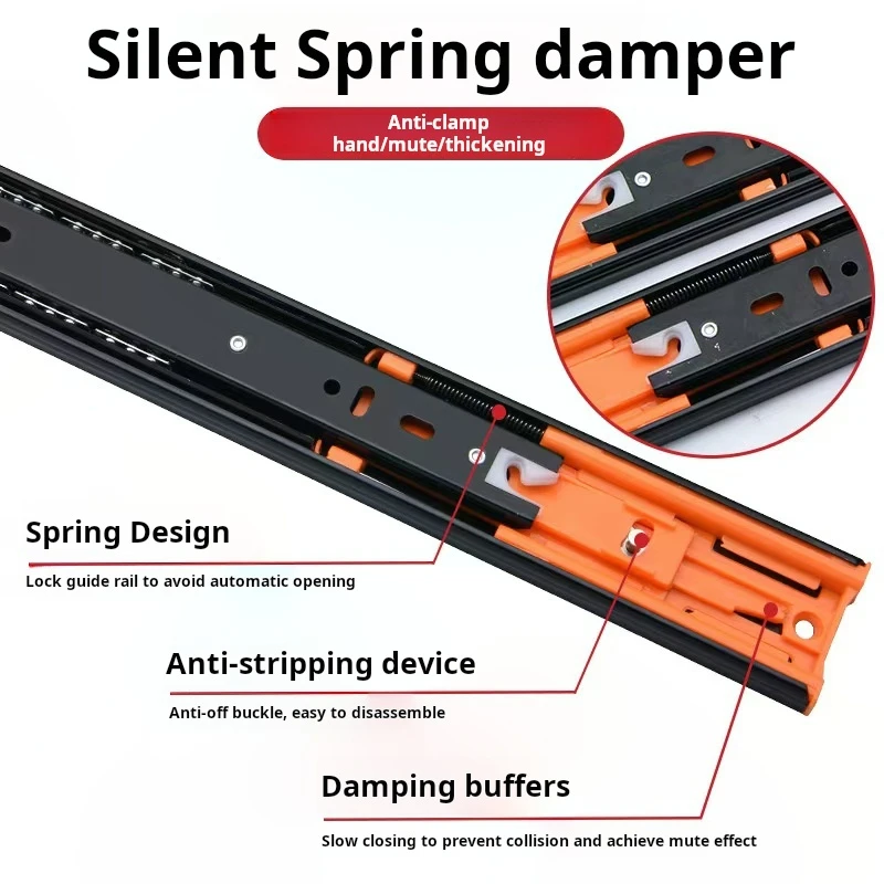 Thickened cold-rolled steel damping buffer drawer slide rail, silent steel ball rebound guide rail,  bearing three section track