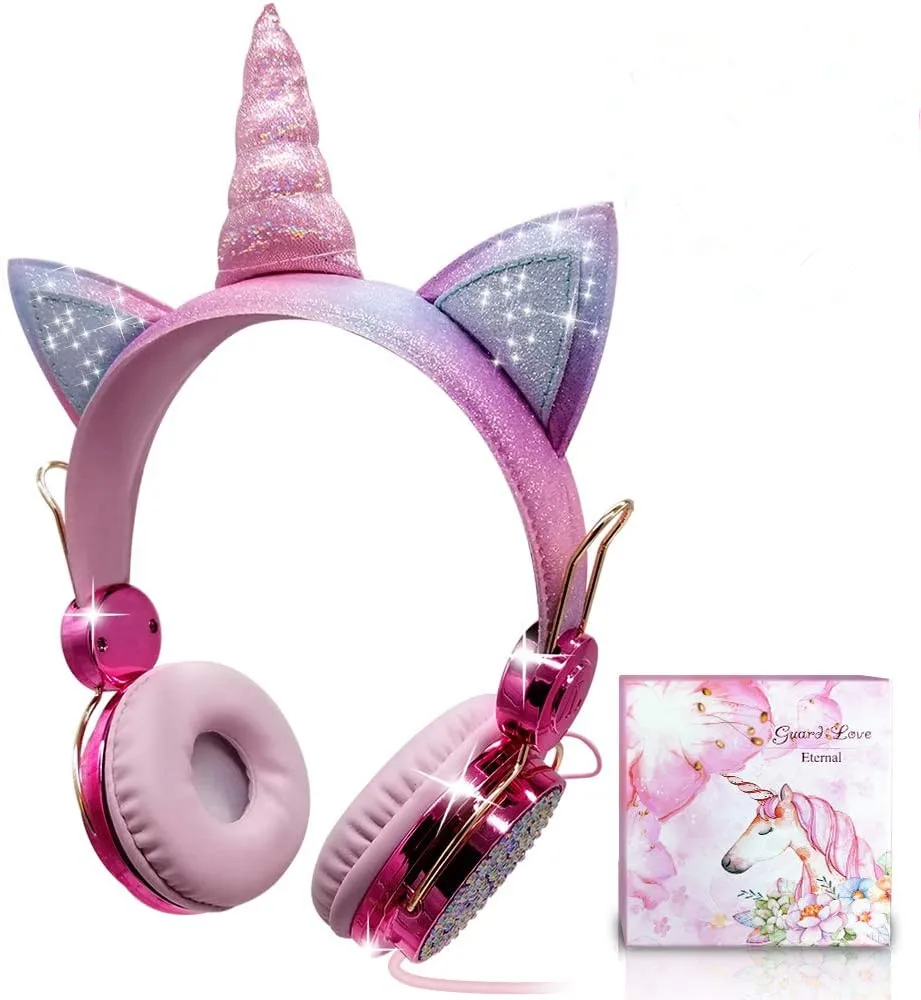 Детские наушники Shemax с блестящими стразами для девочек, проводные Накладные наушники с браслетом в виде единорога, регулируемые подарочные наушники