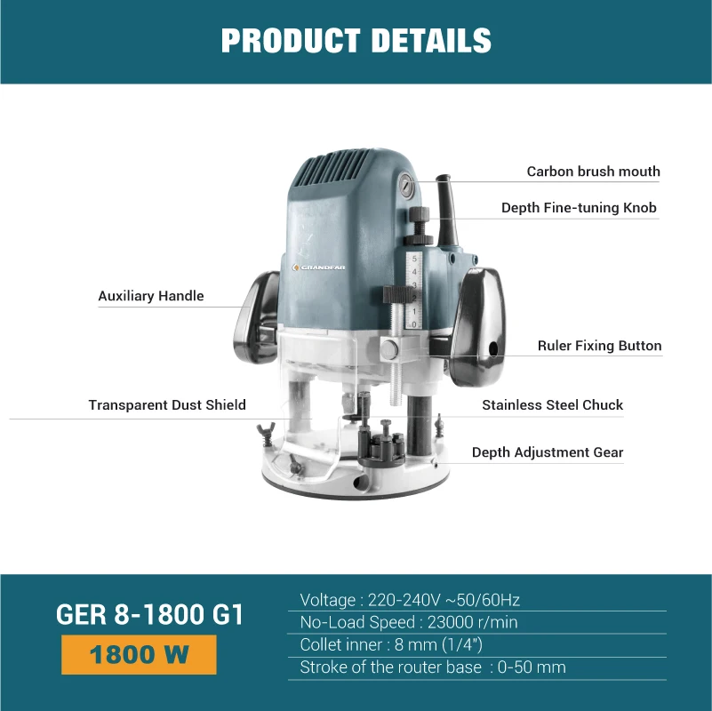 GRANDFAR Power Tools Newest 1800W Wood Milling Engraving Slotting Trimming machine Hand Carving Carpentry Electric Wooden Router