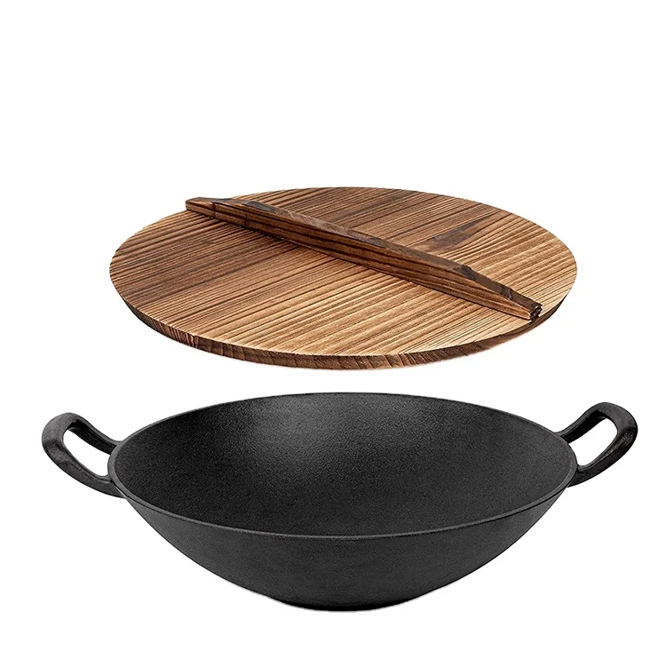 Wholesale Pre-Seasoned 32/34/36CM Wok Pan Nonstick Chinese Best Cast Iron Wok with 2 Handled and Wooden Lid