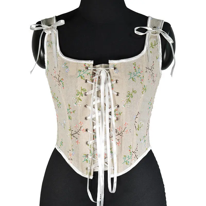 Vintage Elegant Print Lace Halter Tops Women French Designer Bandage Floral Corset Shirts Chic Sexy Party Ladies Top