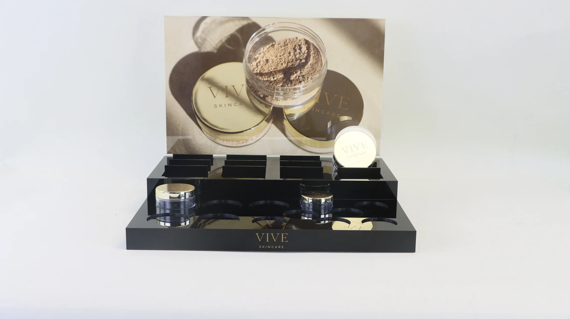 Custom acrylic countertop skin care beauty powder makeup display stand with AD insert
