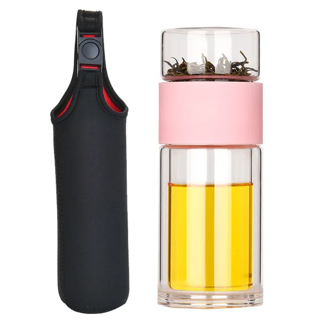 Double Borosilicate Glass Water Bottle With Case Tea Drink Bottle Infuser Tumbler Drink ware Water bottle Eco-Friendly
