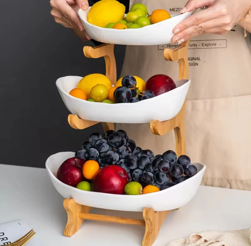2024 Hot Selling Multi-Layered Ceramic Fruit Plate with Wood Rack for Kitchen OEM ODM Design Box Packed Storage Holders & Racks