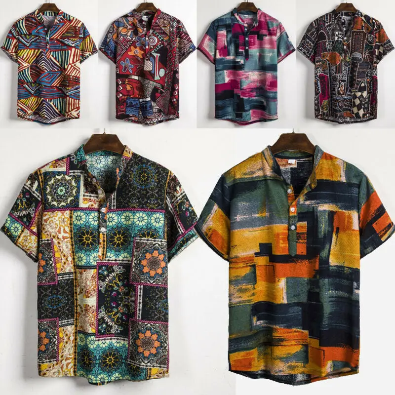 National Style Men Linen Floral Print Short Sleeve Summer Hawaii Holiday Loose Casual Shirts