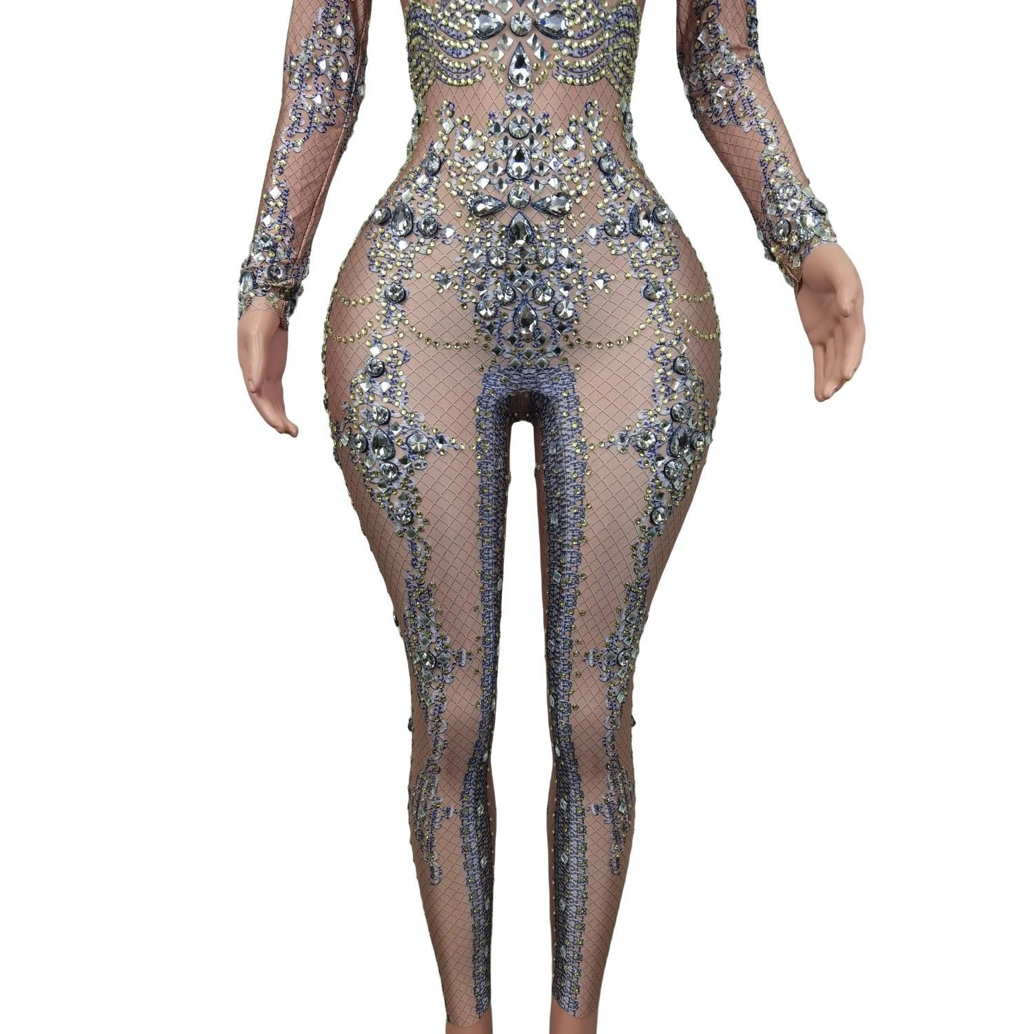 Sparkly Long Sleeves Rhinestone Bodysuit Festival Performance Outfit Plus Size Female Sexy Diamonds Rompers Party Women Jumpsuit