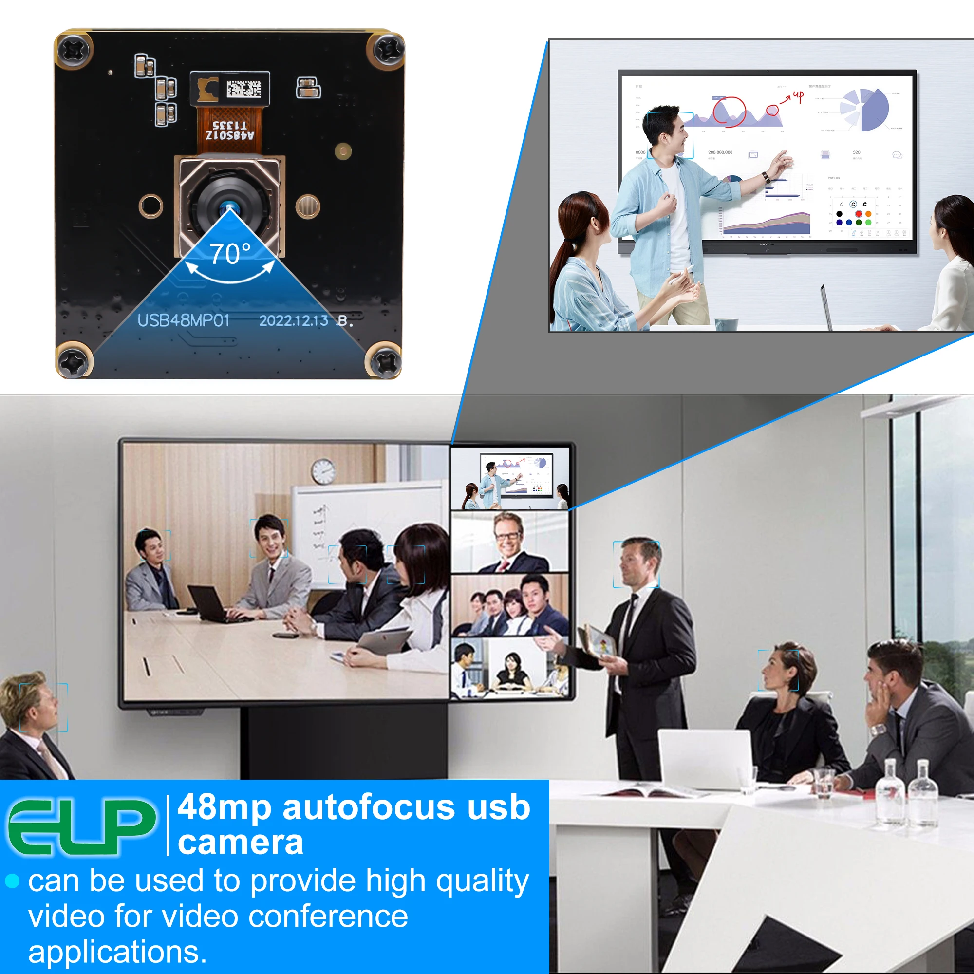 ELP AF USB Camera Module 48MP Ultra HD Autofocus 70 Degree Webcam Module Fast Focus Video Camera for PC Raspberry Pi Jetson Nano