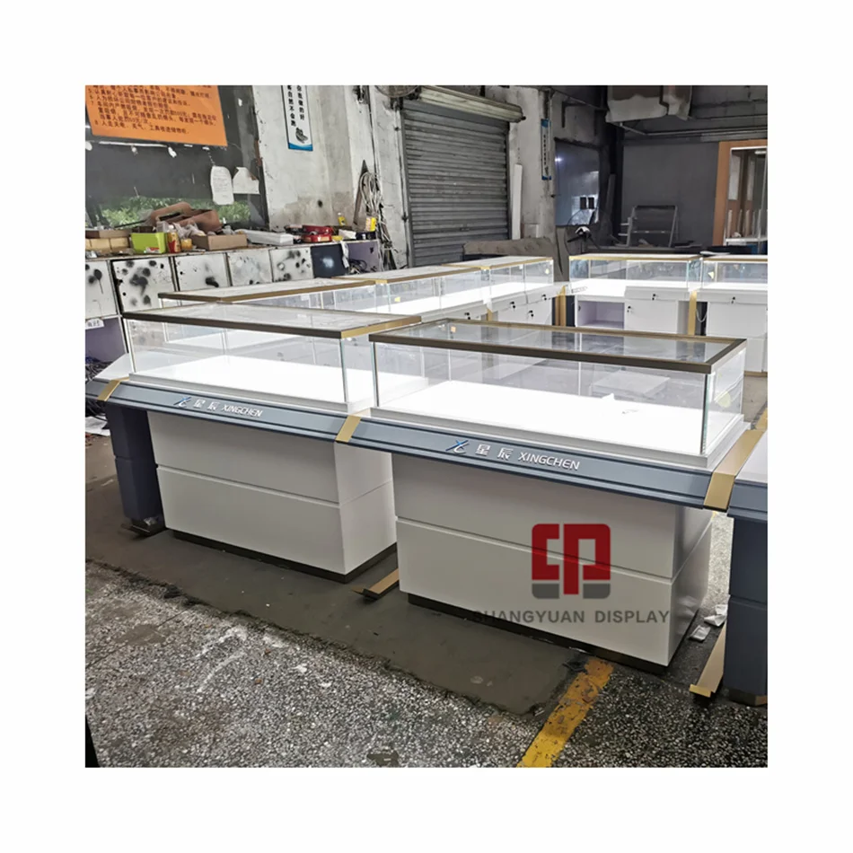 Customized wooden glass display cabinet gold jewelry kiosk paint showcase manufacturer jewelry display counter furniture