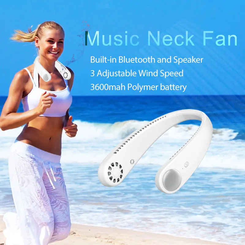New style Mini USB Portable Electric Cooling Leafless With Music Function Neck Fan blue tooth outdoor sport Neck Fan Headset